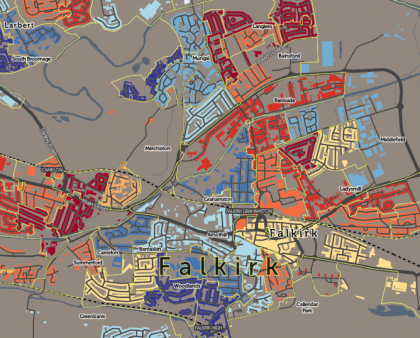 Mixed deprivation in Falkirk, from Oliver O'Brien's SIMD map.