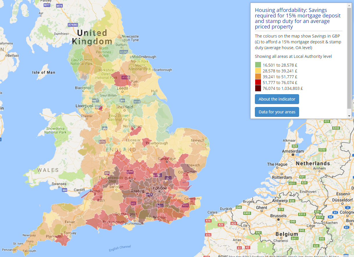 Map from Local Insight: Savings required for 15% mortgage deposit and stamp duty for an average priced property.