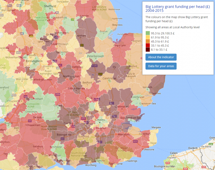 Map from Local Insight: Shows Big Lottery grant funding per head of the population