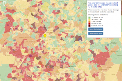 Map from Local Insight shows ten year percentage change in total prices paid for all property at LSOA level across Manchester and surrounding areas