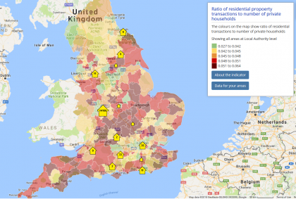 Map shows a map from Local Insight showing housing churn across England at local authority level