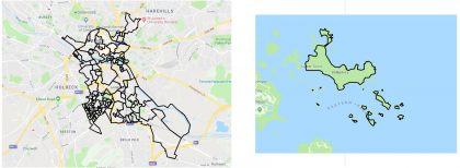 Two images showing the disparity in sizes of wards to illustrate why grant funding per head of the population is useful