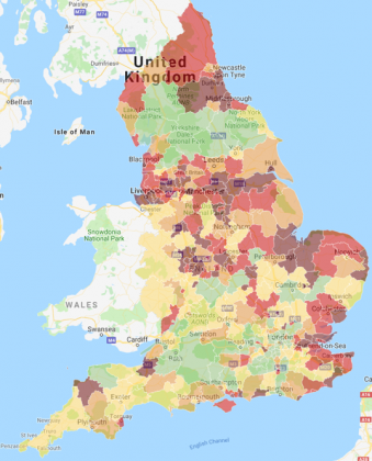 Map shows s chroropleth map of England at local authority leve lfor the Community Needs Index