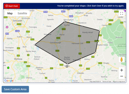 Image shows a screenshot from Local Insight of how to create a custom areas by drawing on a map