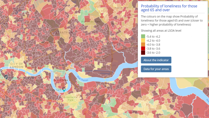 Shows a choropleth map of "Probability of loneliness" - an example of neighbourhood data on mental health