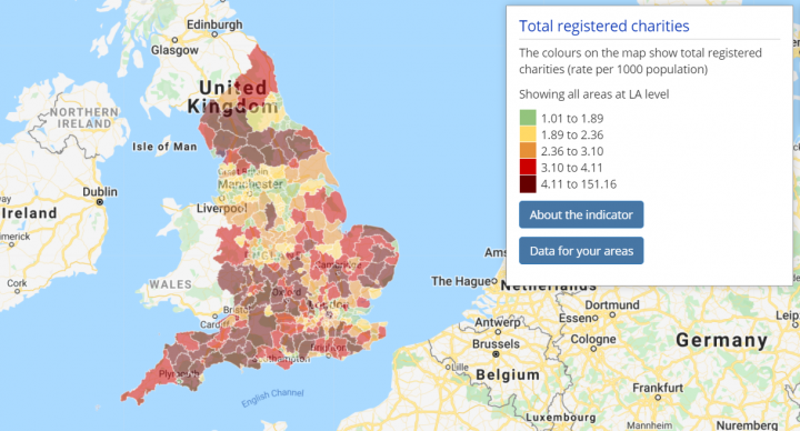 Shows a choropleth map of total registered charities across England