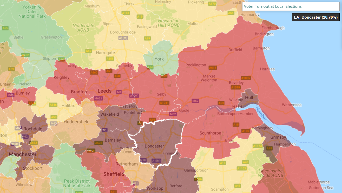 Shows a choropleth map, highlighting the voter turnout in Doncaster.