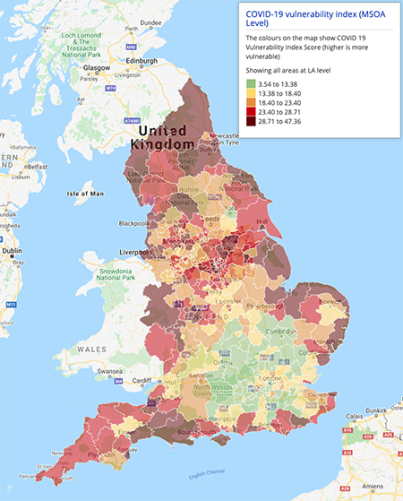 Heat map of England highlighting the COVID-19 vulnerability index 