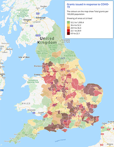 Heat map of England highlighting grants issued in response to COVID-19 
