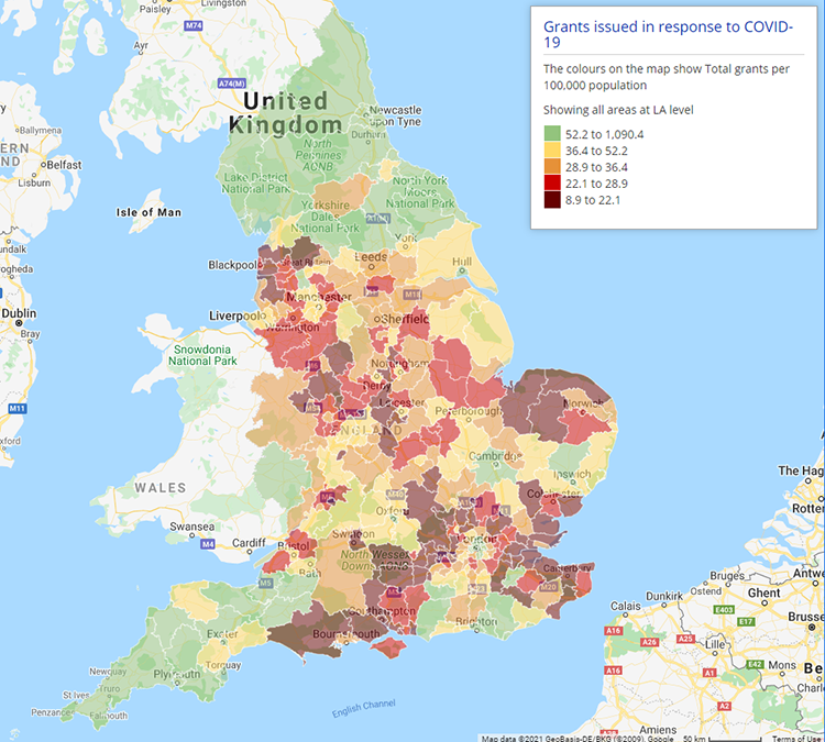 Heat map of England highlighting Grants issued in response to COVID-19 