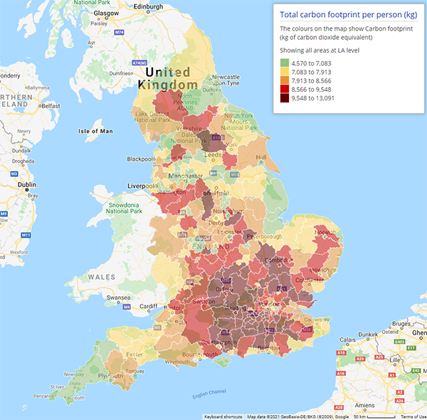 Choropleth map showing total carbon footprint per person by Local Authority across England 