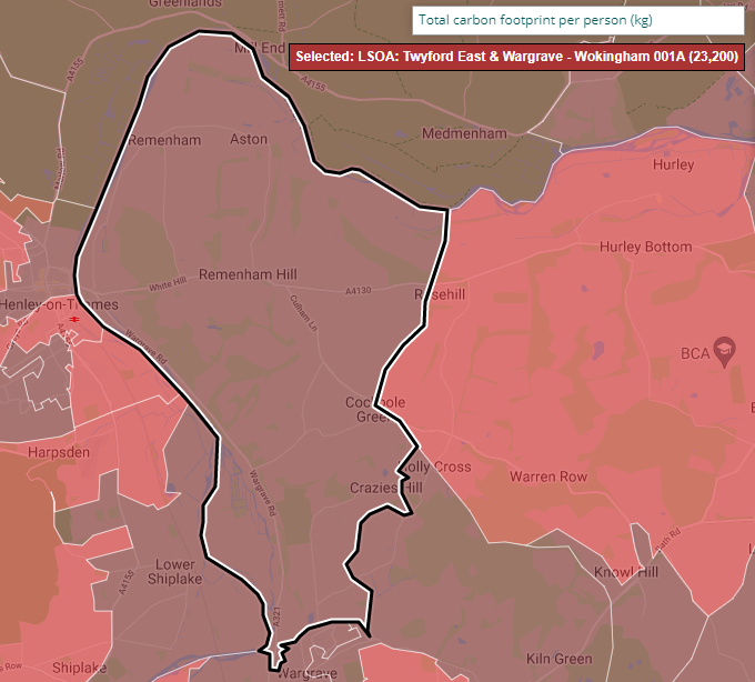 Choropleth map showing total carbon footprint for LSOA "Twyford East & Wargrave" in Wokingham
