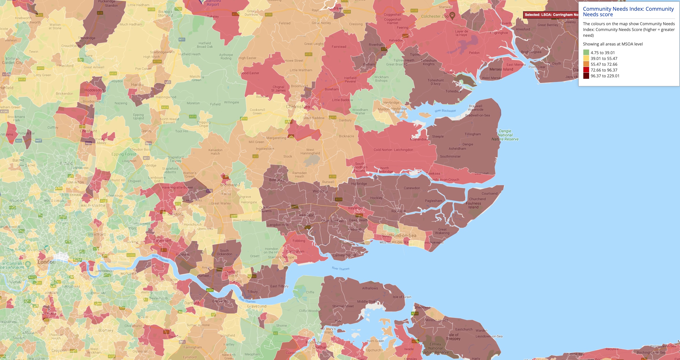 choropleth map of Essex County and its Community Needs Index scores