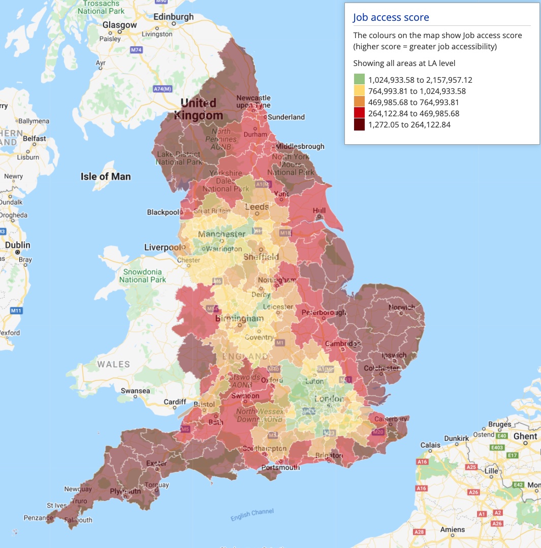 Heat map showing the job access score across England 