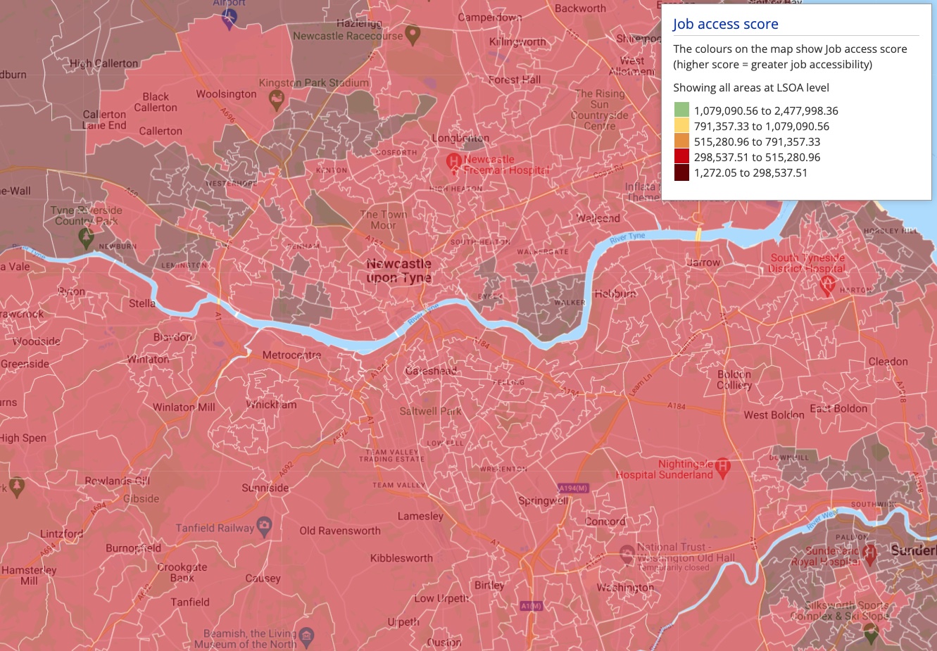 Job Access Score highlighting Newcastle centre