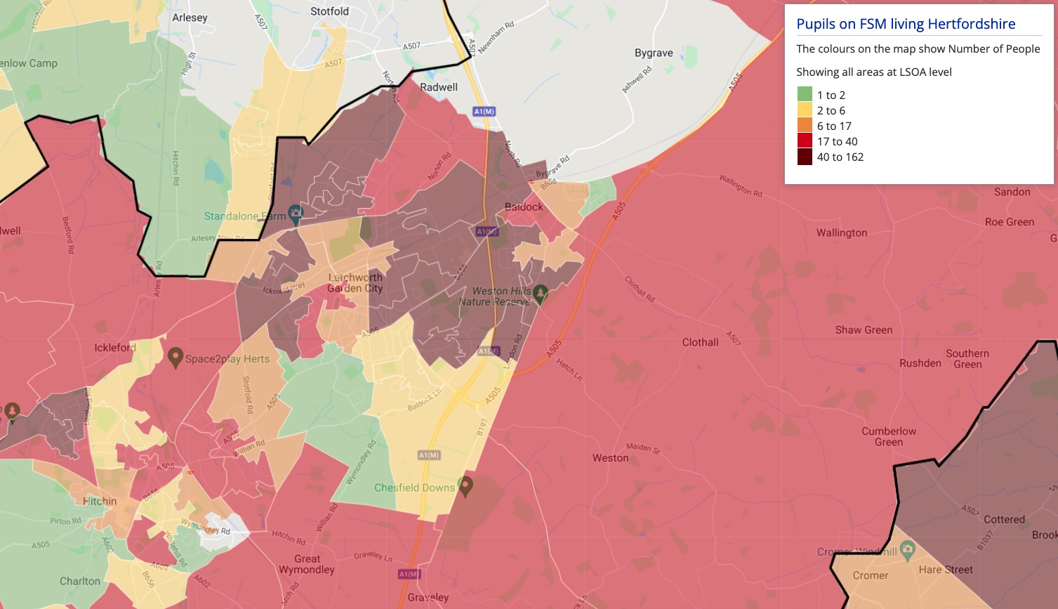 Heat Map showing distribution of Pupils on FSM living in North Hertfordshire.