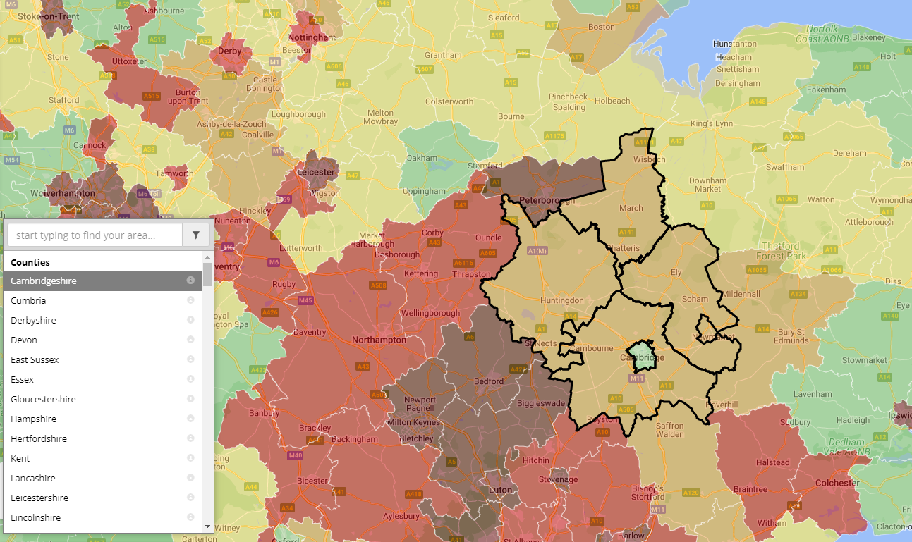 Shows the boundary for Cambridgeshire on a map overlaid with data