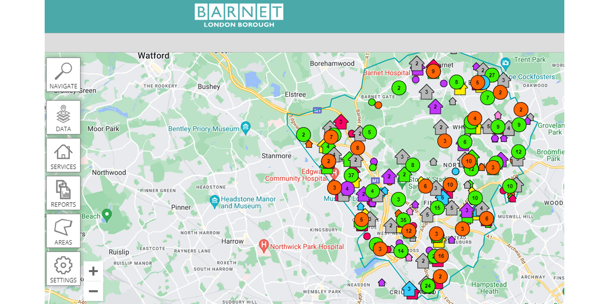 Screenshot of the map page from Barnet Council's Local Insight public site