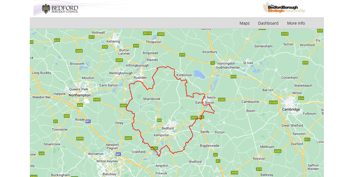 Screenshot from map page of Bedford Council's Local Insight public site