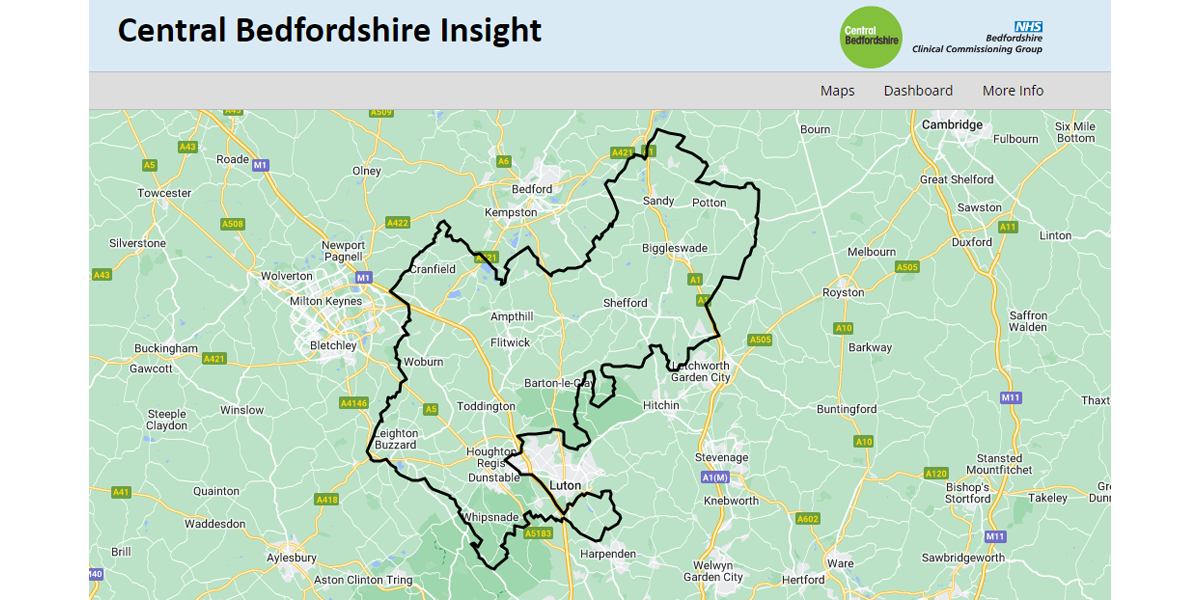 Screenshot of the map page of Central Befordshire Council's Local Insight public site