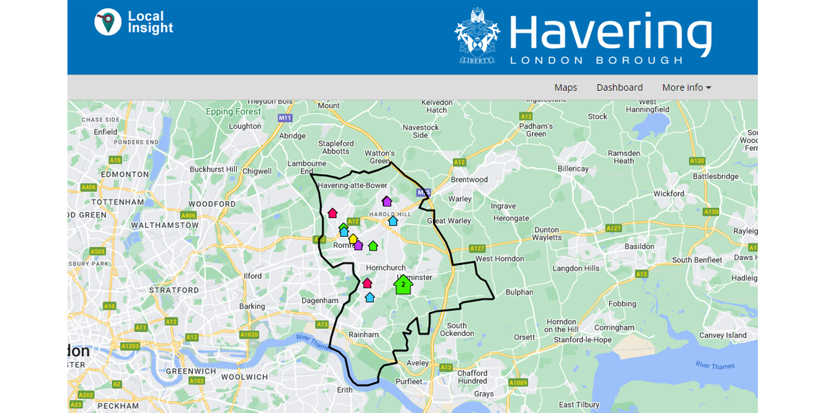 A screenshot of the map page on Havering Council's Local Insight public site