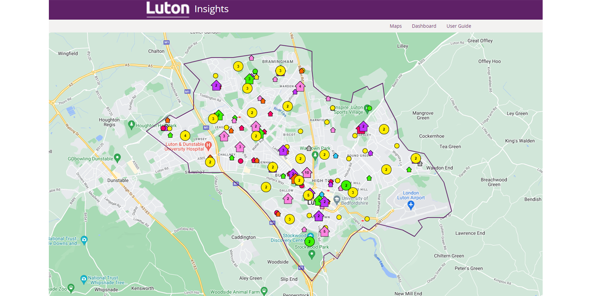 A screenshot of the map page on Luton Council's Local Insight public site