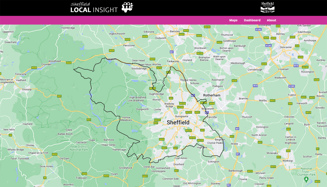 A screenshot of the Maps page on Sheffield Council's Local Insight public site