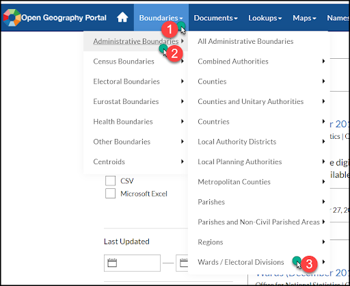 A screenshot showing how to fins shapefile boundaries on ONS Open Geography Portal