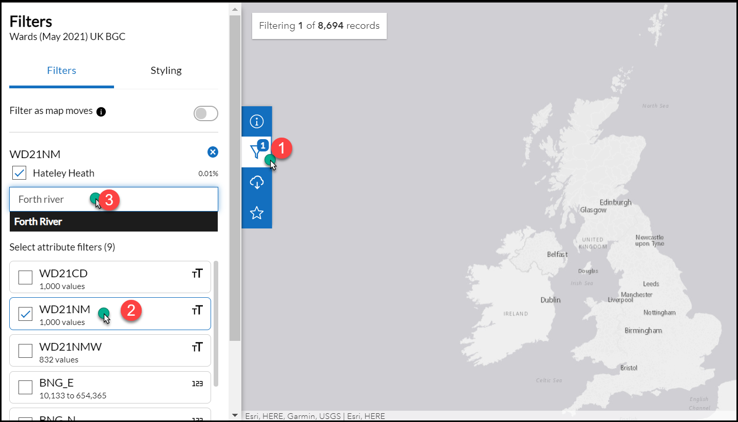 A screenshot showing how to filterwards on ONS Geography Portal