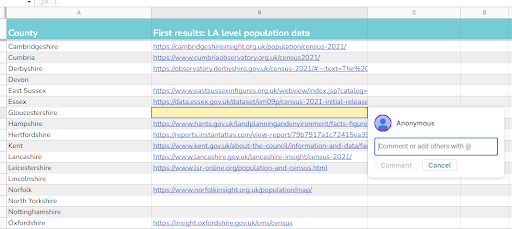 How do councils present Census 2021 data? Screenshot to show how to add a comment into the Census Analysis document