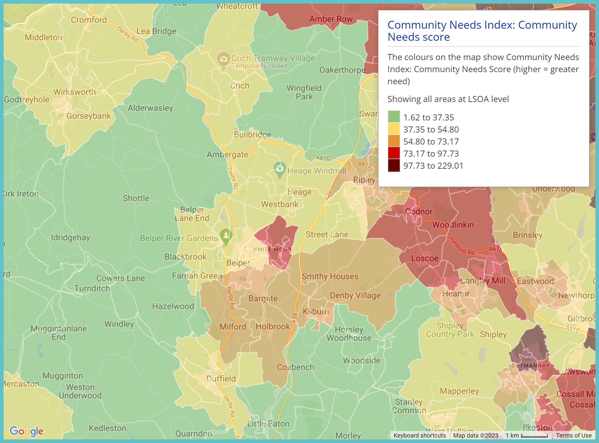 A screenshot of a choropleth map to provide an example of the Community Needs Index at LSOA level