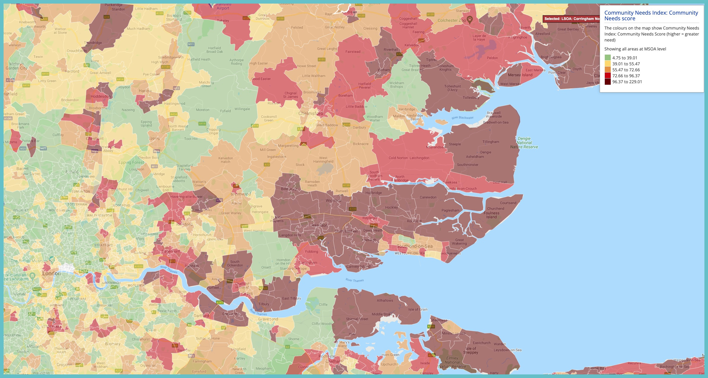 A screenshot of a choropleth map showing the Community Needs Index score at local authority level for Essex and surrounding areas