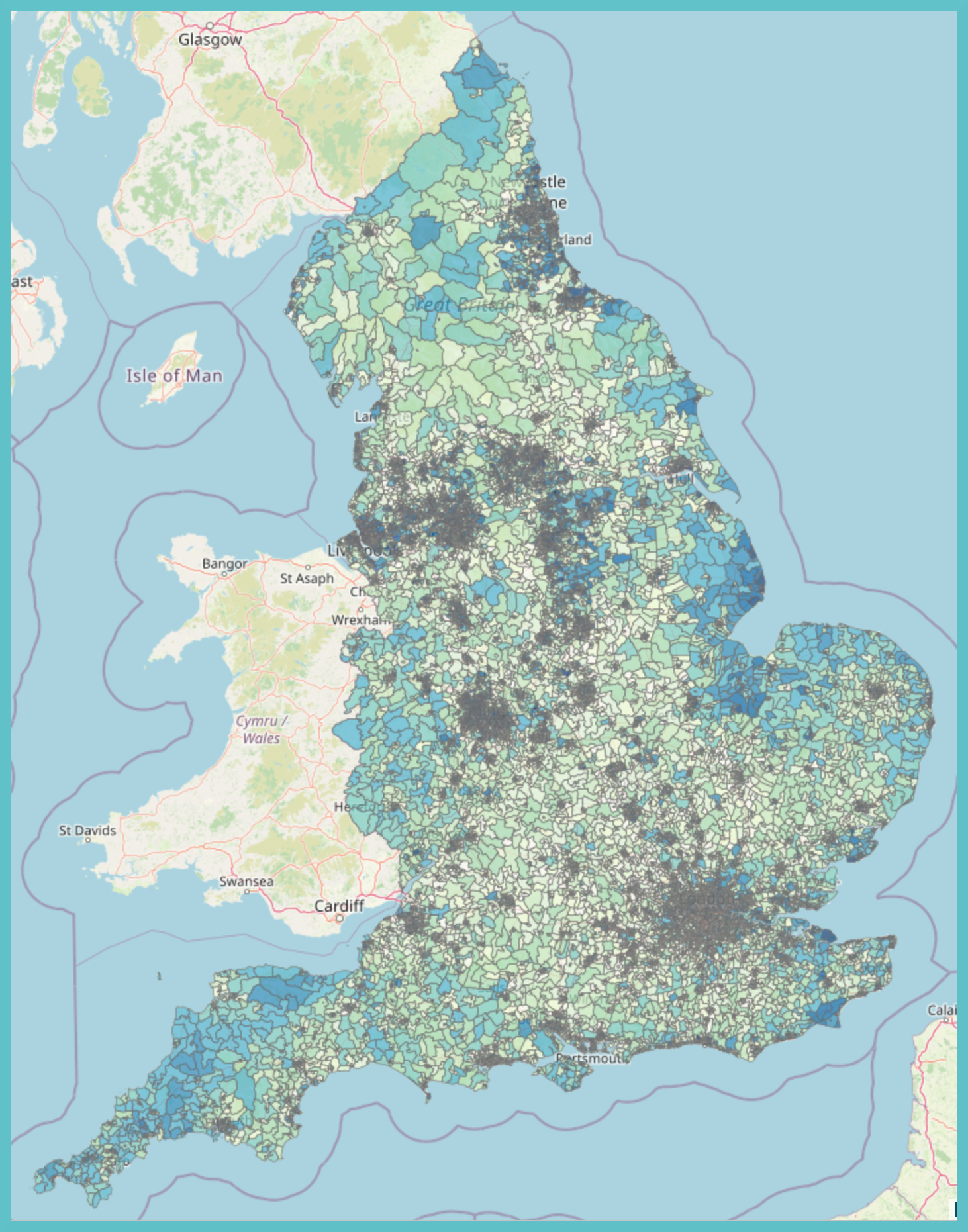 Image shows a map of the Index of Multiple Deprivation 2019 at LSOA level for England