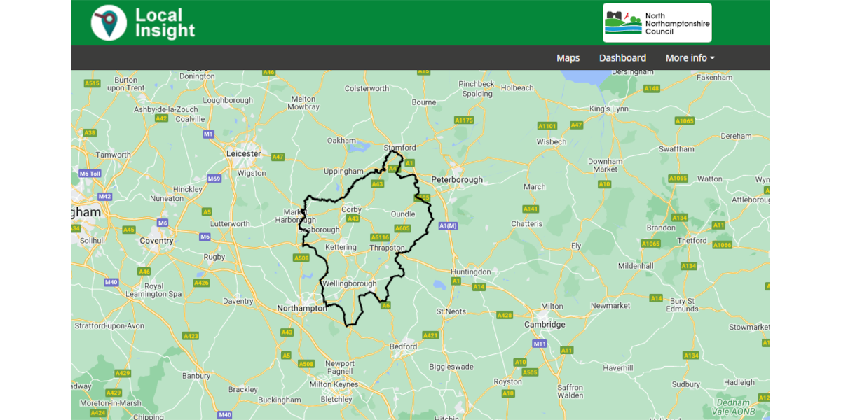 A screenshot of North Northamptonshire's Local Insight public site, showing the boundary for North Northamptonshire on a map