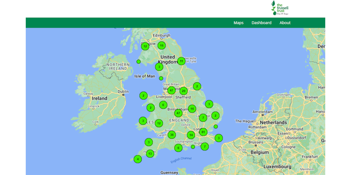 A screenshot of Trussell Trust's Local Insight public site, showing the locations of key services on a map