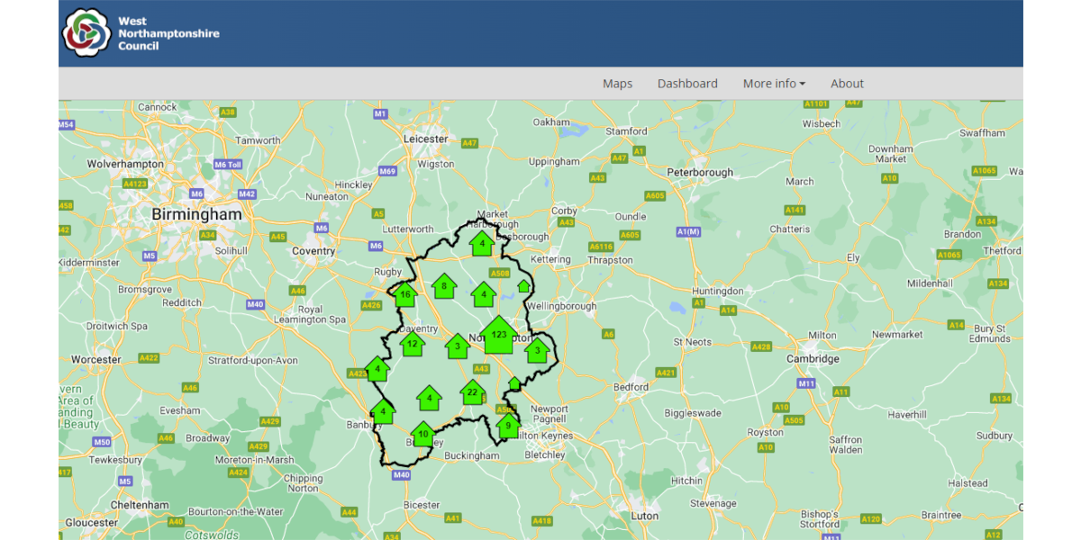 A screenshot of West Northamptonshire Councils' Local Insight public site, showing the locations of key services on a map