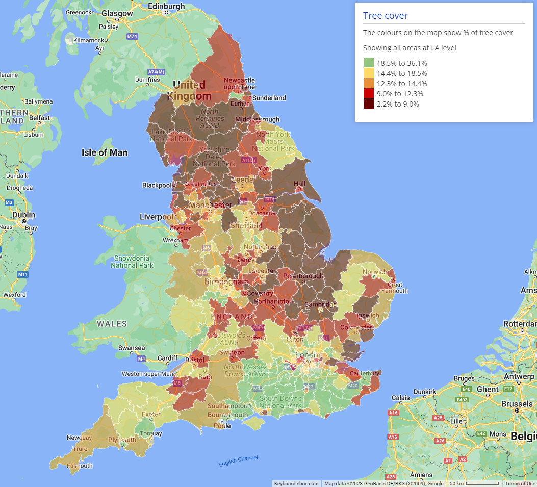 A choropleth map showing tree cover data in England. Areas in North West and NOrth East have lowest tree coverage.