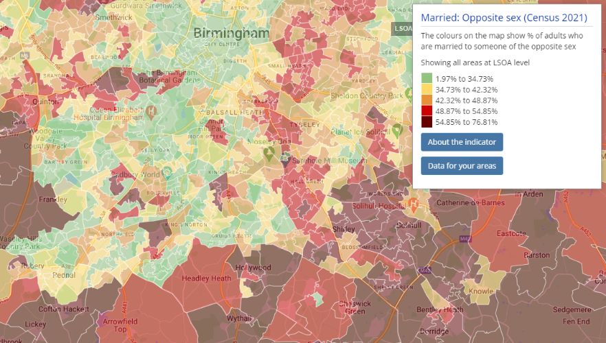Image shows a choropleth map of Census 2021 indicator "married: opposite sex"