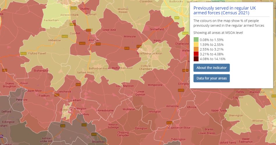 A chroropleth map showing Census 2021 indicator "Previously served in regular UK Armed Forces"