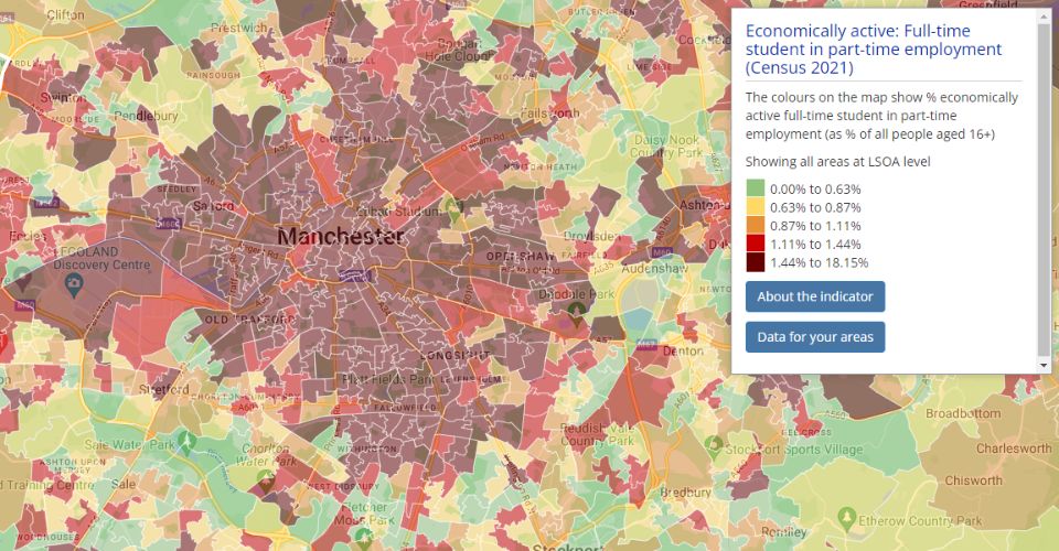 Choropleth map showing Census 2021 indicator "Economically Active Students: Part time employment"