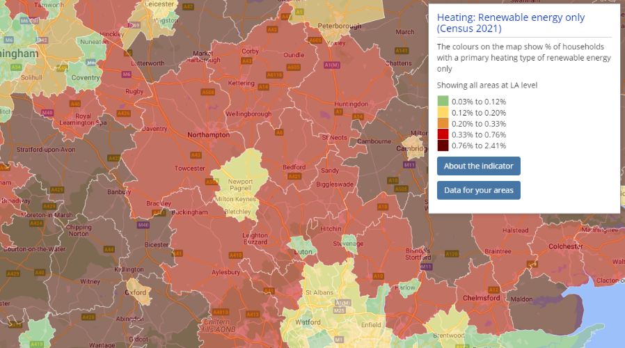 Choropleth map showing Census 2021 indicator "Heating: Renewable Energy only"