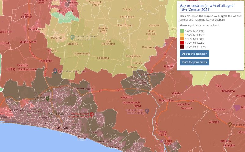 Choropleth map showing Census 2021 indicator "Gay or Lesbian"
