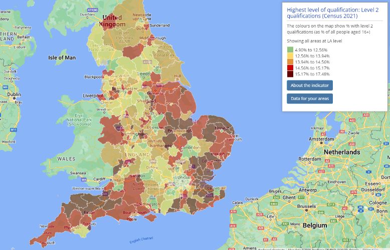 Choropleth map showing Census 2021 indicator "Highest level of qualifications: Level 2"