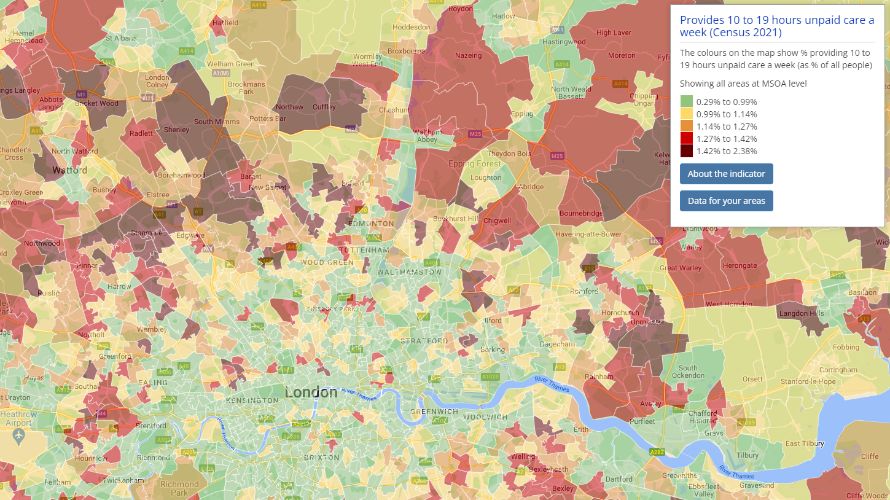Choropleth map showing Census 2021 indicator "Provides 10 - 19 hours unpaid care per week"