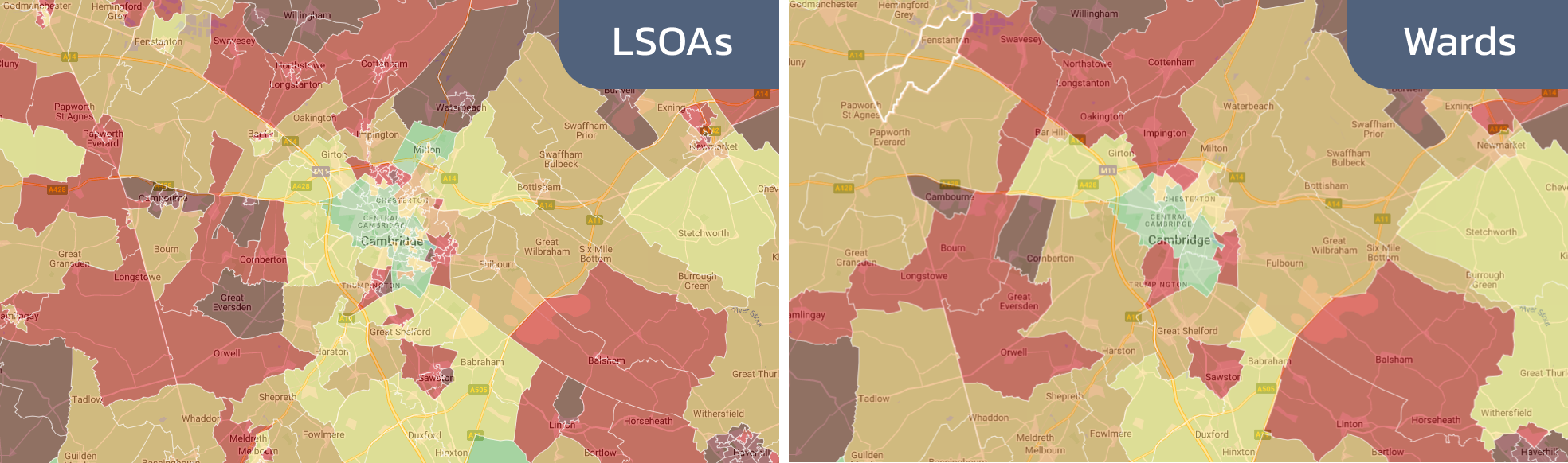 An choropleth image of Community Needs Index data showing the difference between LSOA and Ward boundaries - LSOA on the left, Wards on the right.