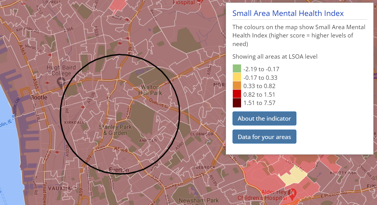 A map showing the Small Area Mental Health Index for the "Blue MIle"