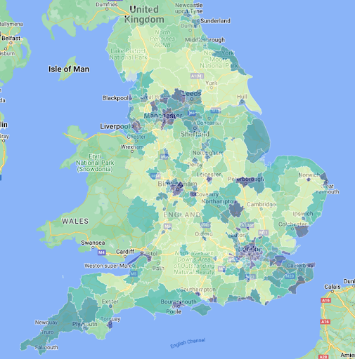 Choropleth map showing households deprived in four domains, highlighting rural areas on the South coast and areas surrounding greater London as those which are most in need.