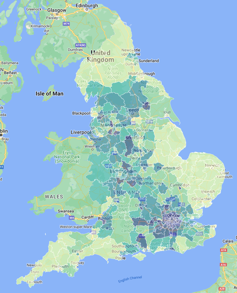Community Needs Index data, which is being used by Sport England, overlaid on a map of England