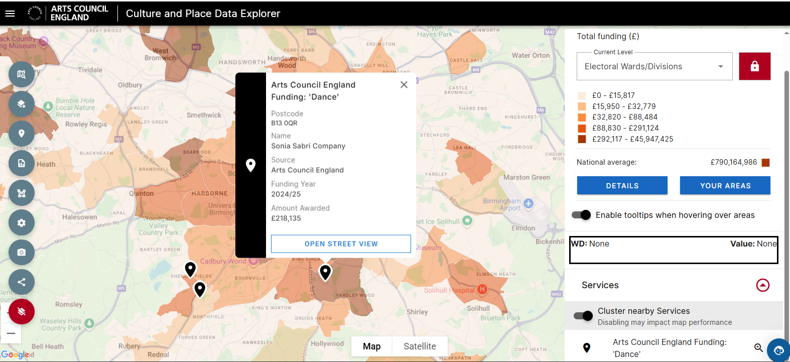 Choropleth map with Arts Council England funding data overlaid with service location data for dance related projects.