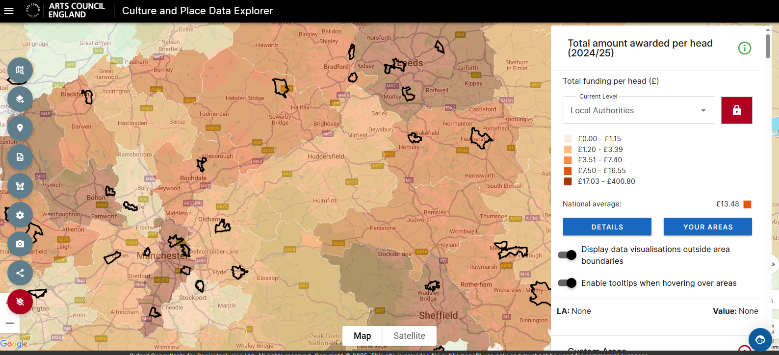 Map shows a chroplth maps of the north west, with boundaries of Phase 2 Pride in Place areas overlaid on Arts Council Funding data